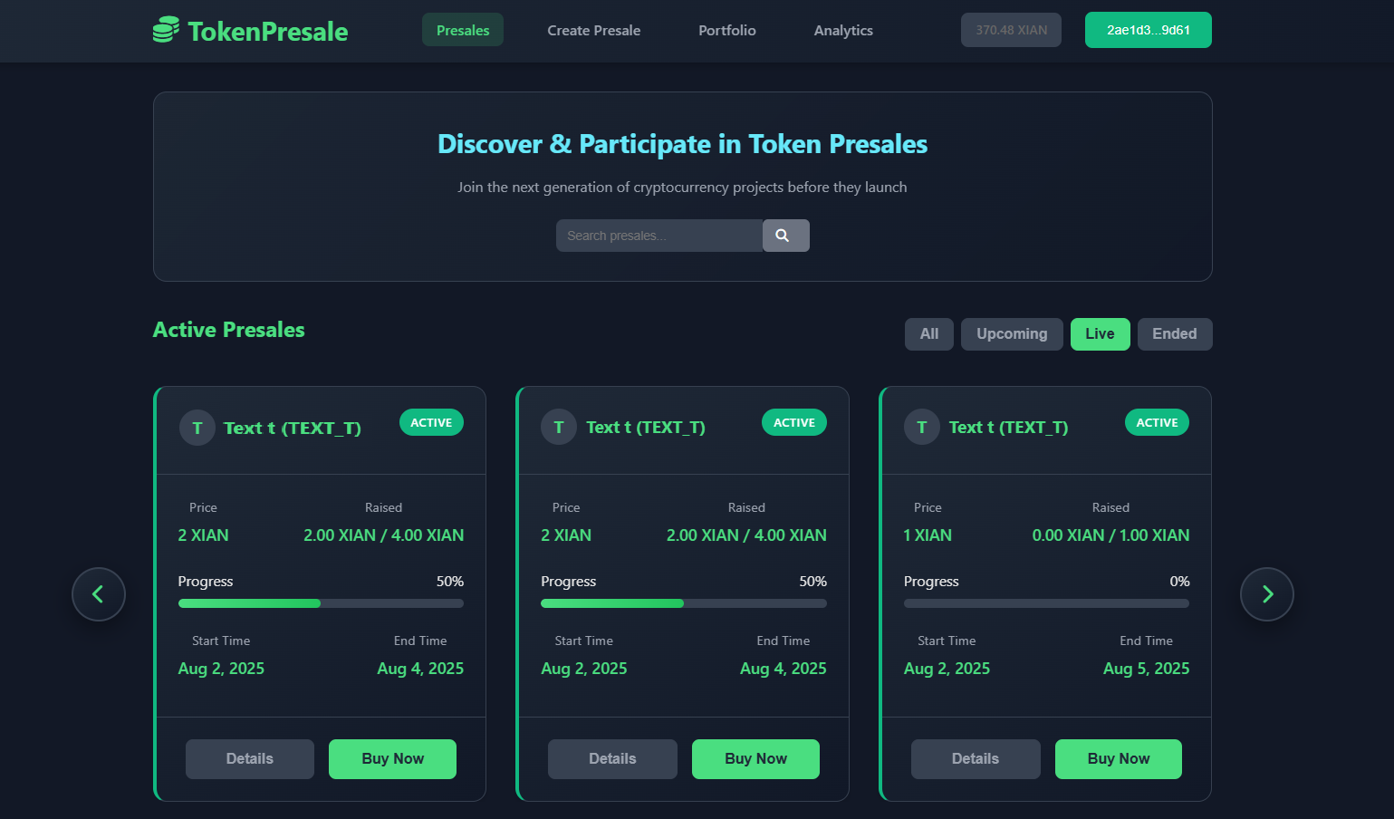Main Presales Dashboard showing the presales listing page with various presale cards displayed in a grid layout