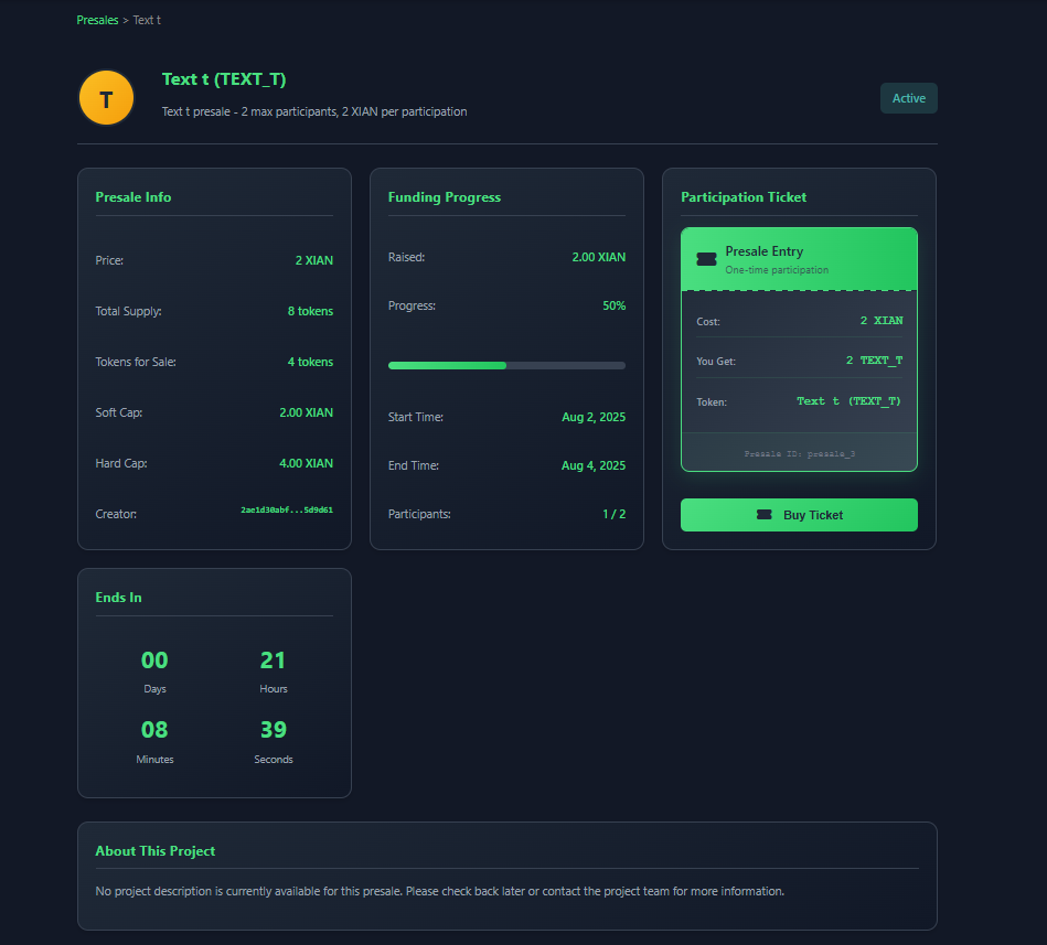 Featured presale cards showing all key information elements with labels for each component including logo, progress bar, price, timer, and other details