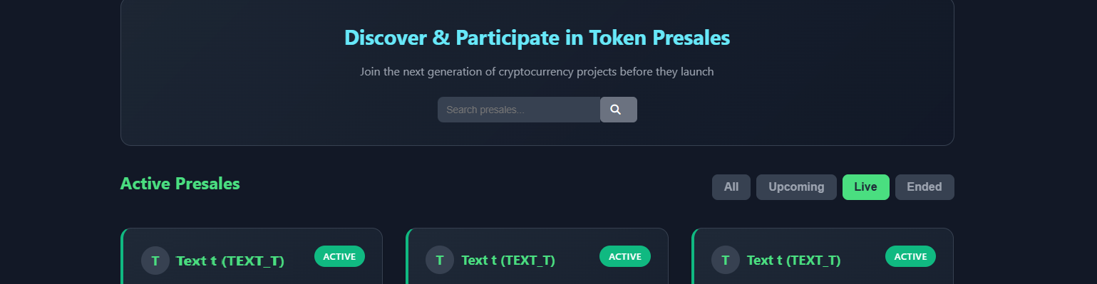 Search bar and filter options on the presales page showing search input, filter dropdowns, and sort options